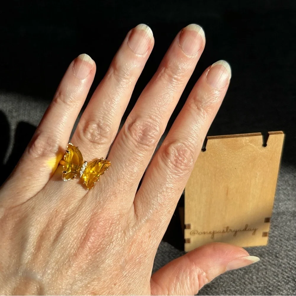 Pretty YELLOW Butterfly Gemstone Fashion Ring, Gold, Adjustable